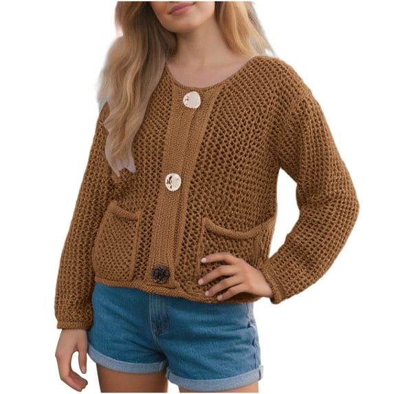 JSheng Women's Cardigan Sweater Casual Solid Color Long Sleeve Knitted Button Pocket Sweaters Jacket Coffee S
