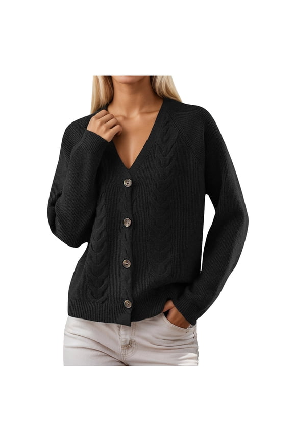 Sweater for Women Fashion V- Neck Solid Color Long Sleeved Breasted Casual Loose Cardigans Tops Black L