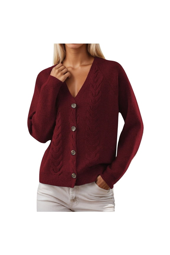 Sweater for Women Fashion V- Neck Solid Color Long Sleeved Breasted Casual Loose Cardigans Tops Wine S