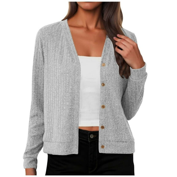 JSheng Women's Cardigan Sweater Solid Color Knitted Long Sleeve Button V-Neck Hoodless Casual Outwear Tops Gray S
