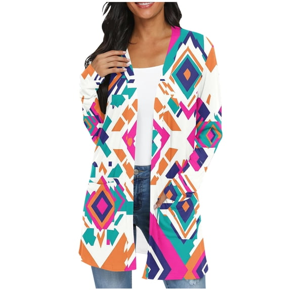 JSheng Women's Casual Cardigan Tops Fashion Cute Printed Long Sleeved Loose Comfy Tops with Pockets Muticolor M