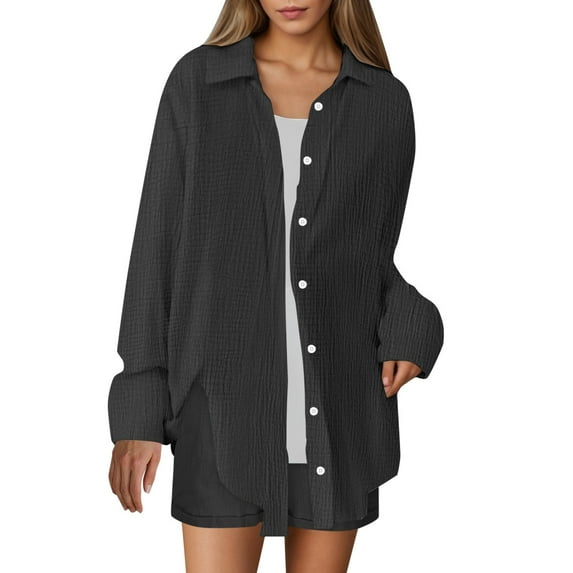 JSheng Women's Casual Lapel Shirt Summer Fashion Soft Long Sleeve Imitation Cotton and Linen Bloues Black S