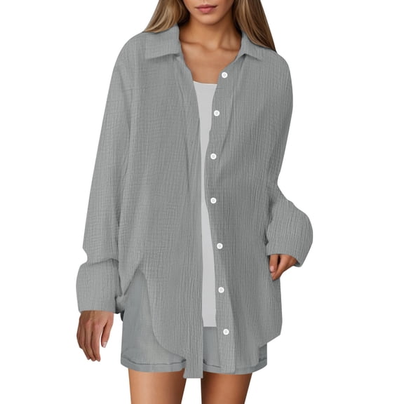 JSheng Women's Casual Lapel Shirt Summer Fashion Soft Long Sleeve Imitation Cotton and Linen Bloues Gray XL