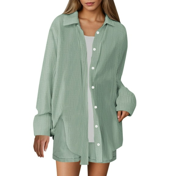 JSheng Women's Casual Lapel Shirt Summer Fashion Soft Long Sleeve Imitation Cotton and Linen Bloues Green XXL