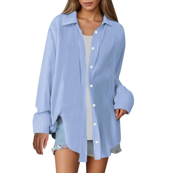 JSheng Women's Casual Lapel Shirt Summer Fashion Soft Long Sleeve Imitation Cotton and Linen Bloues Light Blue XXL