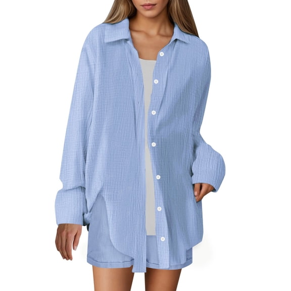 JSheng Women's Casual Lapel Shirt Summer Fashion Soft Long Sleeve Imitation Cotton and Linen Bloues Sky Blue L