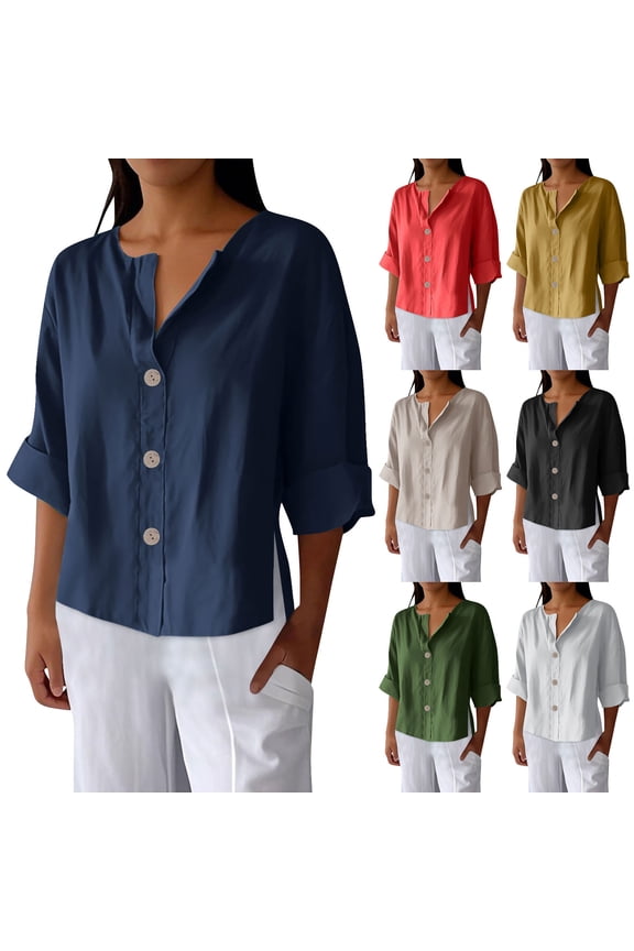Women's Casual Linen Top Fashion Solid Color Three Quarter Sleeve V-Neck Button Shirt Tops A-Black M