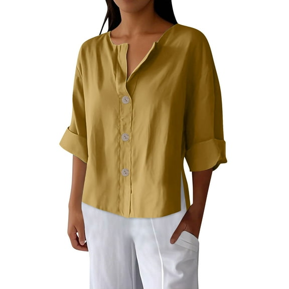 JSheng Women's Casual Linen Top Fashion Solid Color Three Quarter Sleeve V-Neck Button Shirt Tops Yellow M