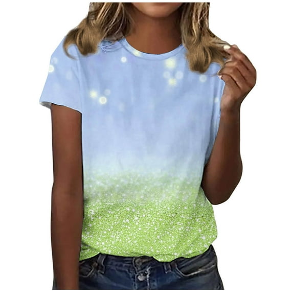 JSheng Women's Casual Loose Tops New Casual Fashion Printed T-Shirt Crewneck Short-Sleeved Top for Women Blue XL