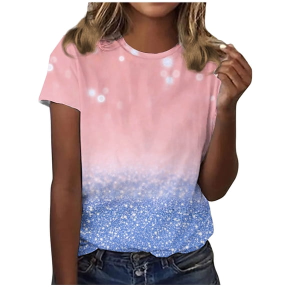 JSheng Women's Casual Loose Tops New Casual Fashion Printed T-Shirt Crewneck Short-Sleeved Top for Women Red S