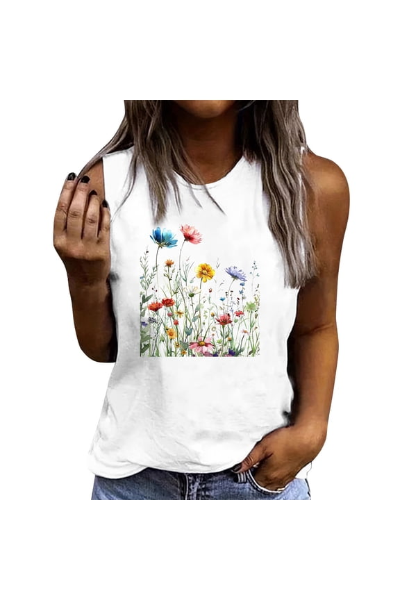Women's Casual Sleeveless T-Shirt Summer Fashion Print Round Neck Loose Comfy Tank Tops