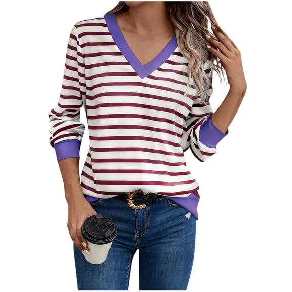 JSheng Women's Casual Striped Tops Fashion Strip Printed V-Neck Long Sleeve Versatile Pullover Tops for Daily Wear Purple XXL