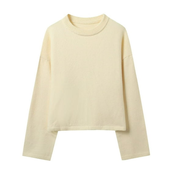 JSheng Women's Casual Sweaters Basic Solid Color Knit Round Neck And Long Sleeves Comfortable Sweater Tops Beige L