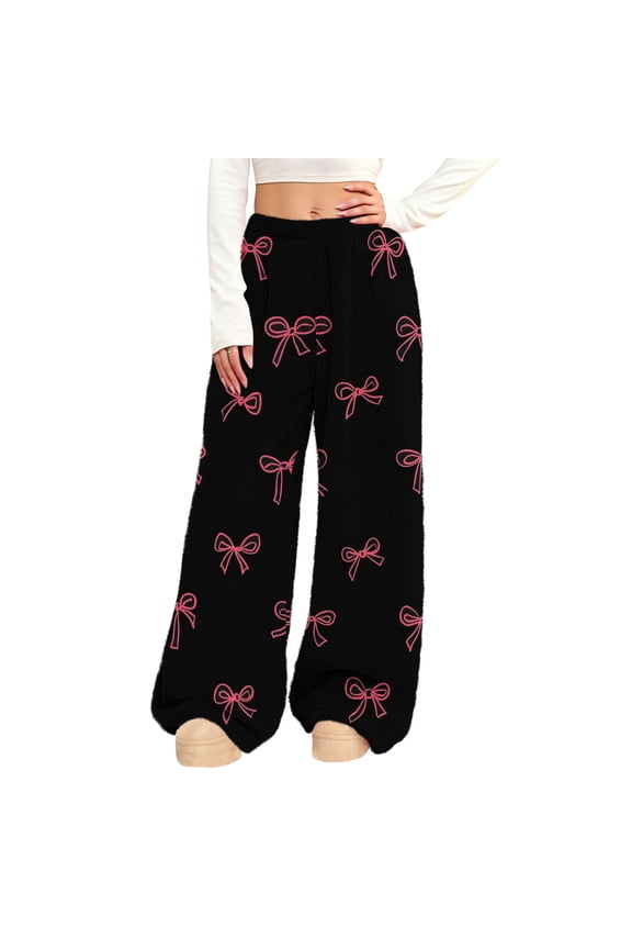 Women's Casual Sweatpants Solid Color Bow Printed Elastic Waist Plush Long Pants With Side Pockets Black L