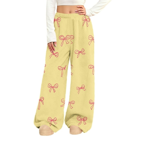 JSheng Women's Casual Sweatpants Solid Color Bow Printed Elastic Waist Plush Long Pants With Side Pockets Yellow L