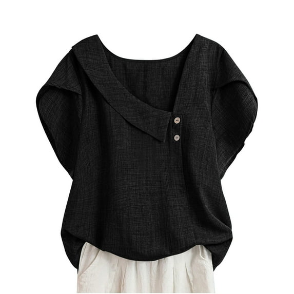 JSheng Women's Casual Tops 2025 Solid Color Plus Size Linen Button Petal Sleeve Short Sleeved Shirt Top Black XXL