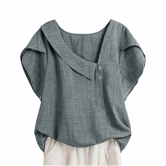 JSheng Women's Casual Tops 2025 Solid Color Plus Size Linen Button Petal Sleeve Short Sleeved Shirt Top Gray S