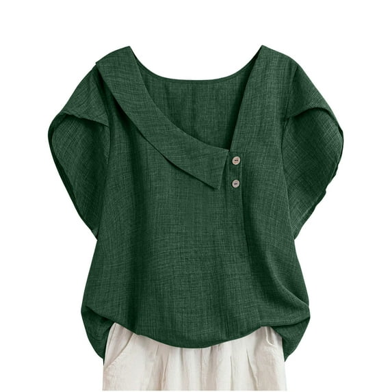 JSheng Women's Casual Tops 2025 Solid Color Plus Size Linen Button Petal Sleeve Short Sleeved Shirt Top Green S