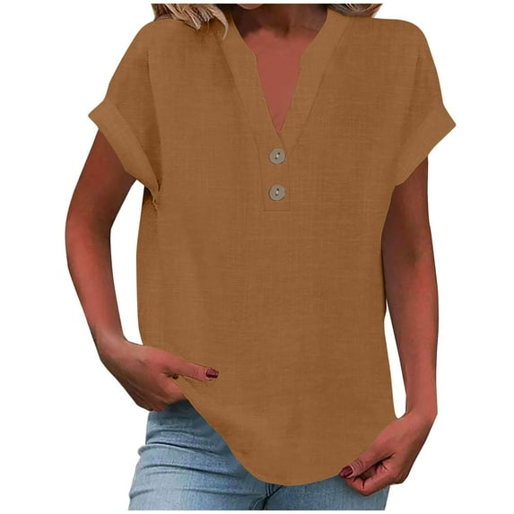 JSheng Women's Casual Tops Button Solid Color V-Neck Short Sleeve Loose Breathable T-Shirts Brown L
