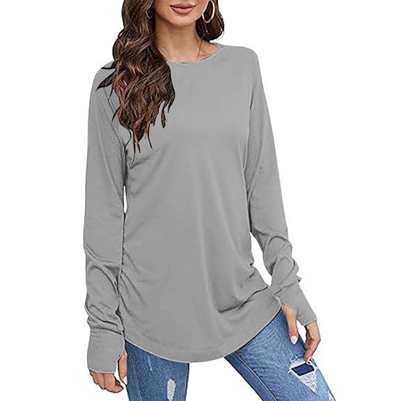JSheng Long Sleeve Tops for Women Casual Ladies Fashion Solid Color Round Neck Loose Lightweight Pullover T-shirts Top