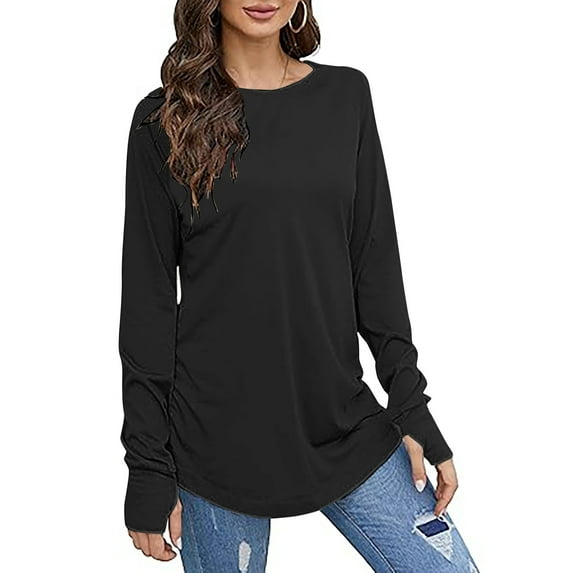 JSheng Long Sleeve Tops for Women Casual Ladies Fashion Solid Color Round Neck Loose Lightweight Pullover T-shirts Top Z-Black XXL