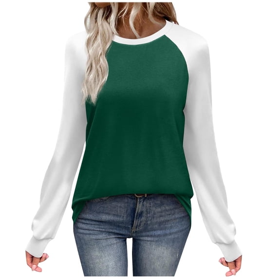 JSheng Women's Casual Tops Long Sleeved Color Blocked T-shirt Round Neck Lightweight Fashion Pullover Top Army Green L