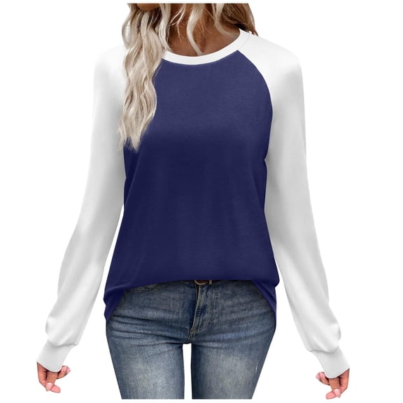 JSheng Women's Casual Tops Long Sleeved Color Blocked T-shirt Round Neck Lightweight Fashion Pullover Top Navy XXL