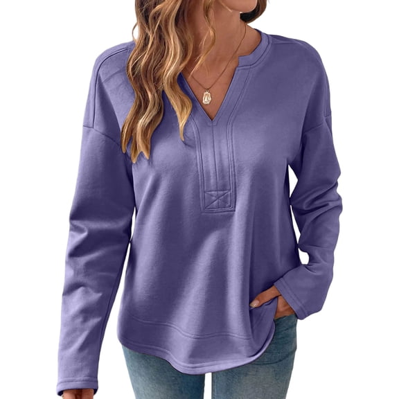 JSheng Women's Caual V-neck Top Fashion Solid Color Casual Long Sleeve Loose Comfortable Purple XL