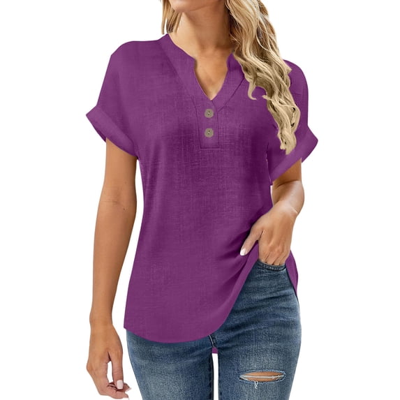 JSheng Women's Cotton and Linen Tops Summer Fashion Solid Color Button V-Neck Loose Breathable Shirts Dark Purple M
