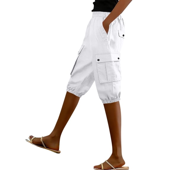 JSheng Women's Cropped Harem Pants High Waisted Cotton Linen Cuffed Hem Casual Straight Leg Side Pockets Capris Pants Z-White S