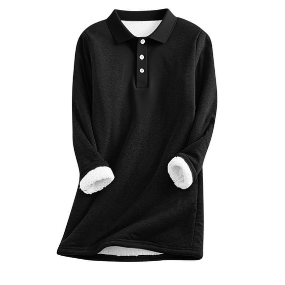 JSheng Women's Fall Winter Tops Fashion Solid Color Long Sleeve Loose Thick Wool Warm Lapel Collar Button Pullover Top Black S