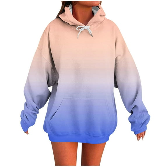JSheng Women's Fashion Sweatshirts Casual Gradient Color Ladies Long Sleeve Hooded Loose Comfy Tops Blue L