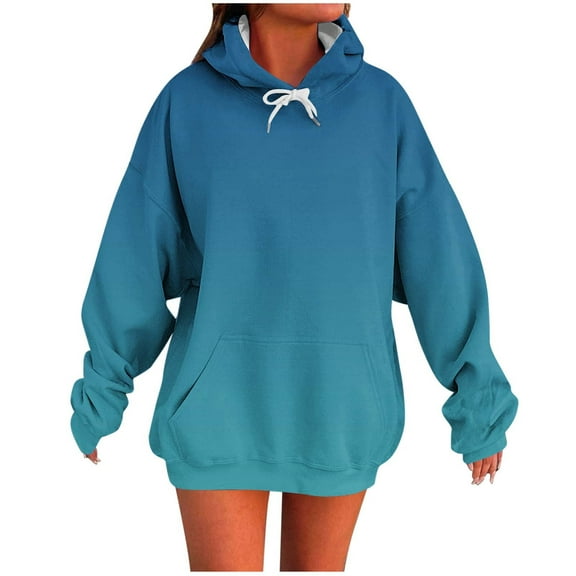 JSheng Women's Fashion Sweatshirts Casual Gradient Color Ladies Long Sleeve Hooded Loose Comfy Tops ZB-Sky Blue XXL