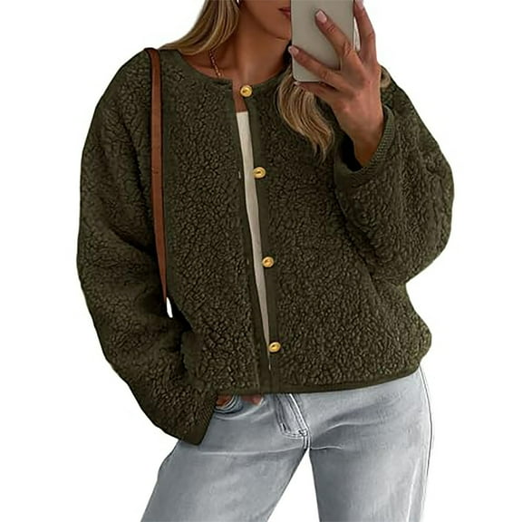JSheng Women's Fuzzy Fleece Coat Trendy Solid Color Short Jacket Button Warm Casual Fall Winter Tops Green M