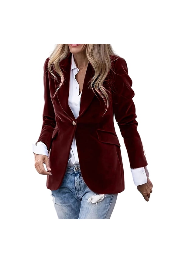 Women's Gold Velvet Suit Jacket Winter Solid Fashion Street Style Button Blazer with Pocket for Business Work Red L