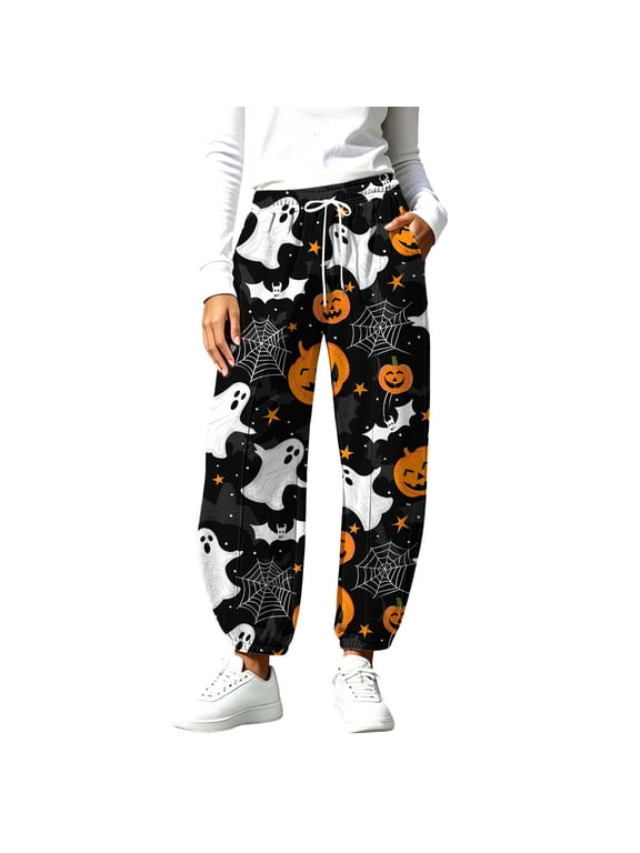 Women's Halloween Jogger Pants Drawstring Elastic Waist Cuffed Sweatpants with Theme Printed Loose Fit Casual Sports Pants Multicolor L