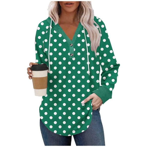 JSheng Women's Hoodie Top Fashion Polka Dots Printed Drawstring Long Sleeve Raglan Sleeve Hooded Pullover Tops Army Green L