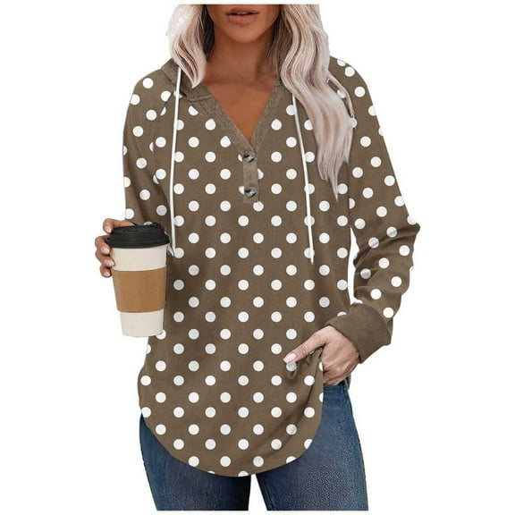 JSheng Women's Hoodie Top Fashion Polka Dots Printed Drawstring Long Sleeve Raglan Sleeve Hooded Pullover Tops Brown XXL