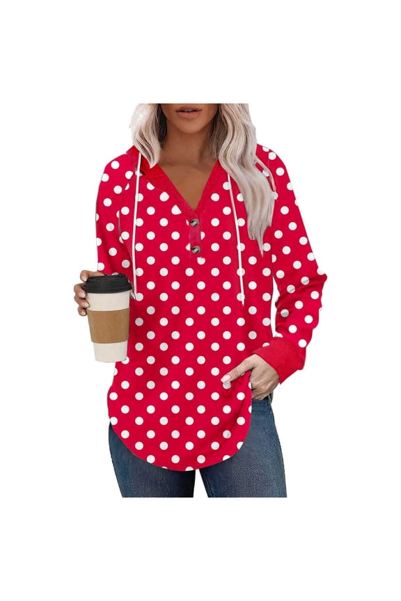 Women's Hoodie Top Fashion Polka Dots Printed Drawstring Long Sleeve Raglan Sleeve Hooded Pullover Tops Red S