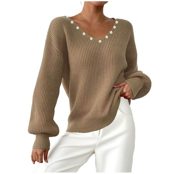 JSheng Women's Knitted Sweaters Fashion Casual V-Neck Long Sleeves Pullover Sweater Tops with Beaded Decoration Khaki XL