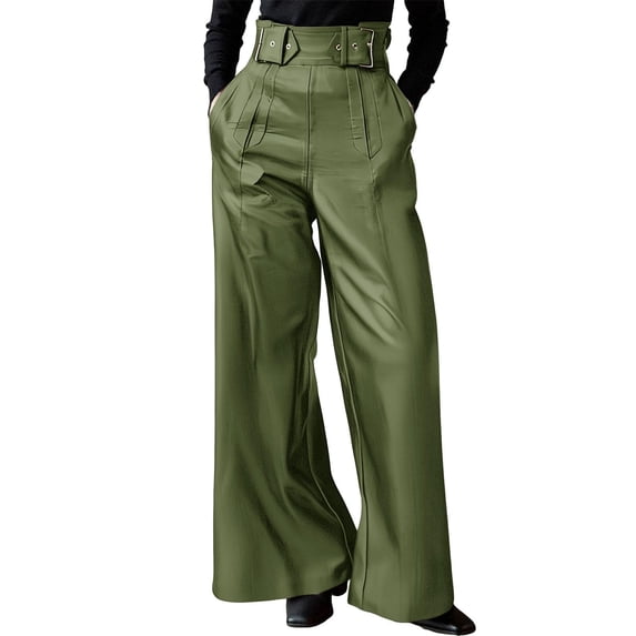 JSheng Women's Leather Flared Trousers Fashion Solid Casual High Waist With Pockets Pleated Long Pants Army Green L