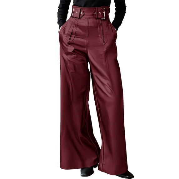 JSheng Women's Leather Flared Trousers Fashion Solid Casual High Waist With Pockets Pleated Long Pants Wine XXL
