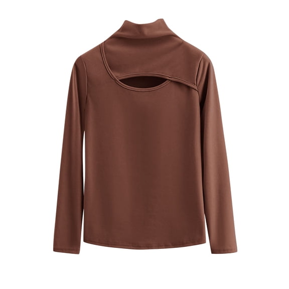 JSheng Women's Long Sleeve Tops Fashion Solid Color Velvet Hight Neck Chest Hollow out Bottom Blouse Plus Size Coffee M