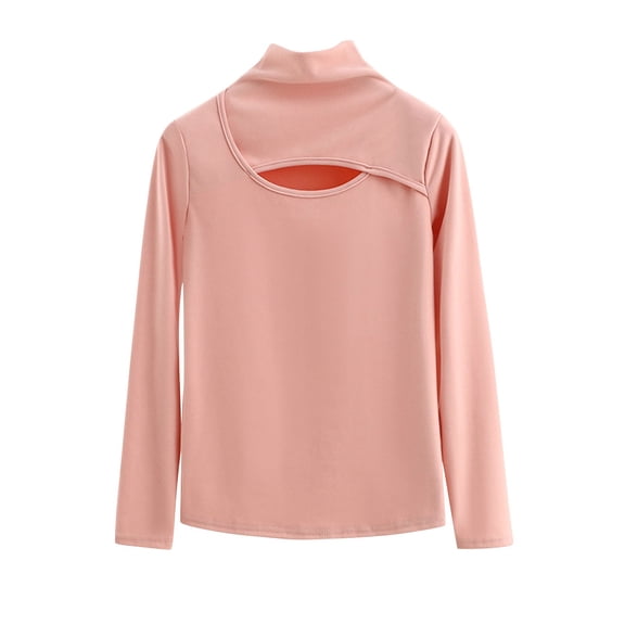 JSheng Women's Long Sleeve Tops Fashion Solid Color Velvet Hight Neck Chest Hollow out Bottom Blouse Plus Size Pink XL