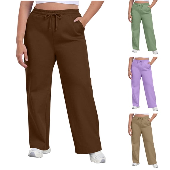 JSheng Women's Loose Sweatpants Plus Size Fashion Solid Color Elastic Waist Pocket Drawstring Sports Pants for Daily Wear Coffee XL