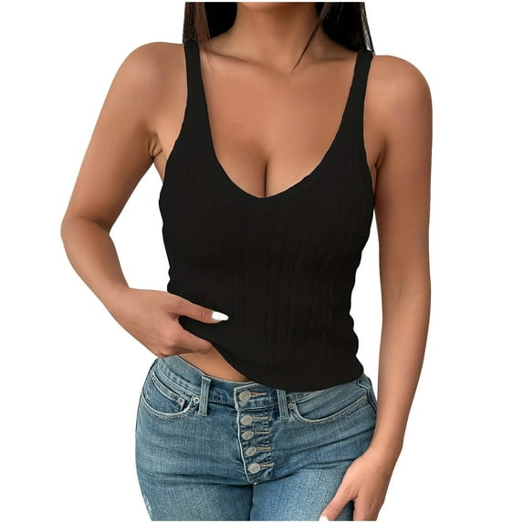 JSheng Women's New Tank Top Fashion Solid Color V-neck Sleeveless Bottom Soft Stretch Casual Tank Top Black M