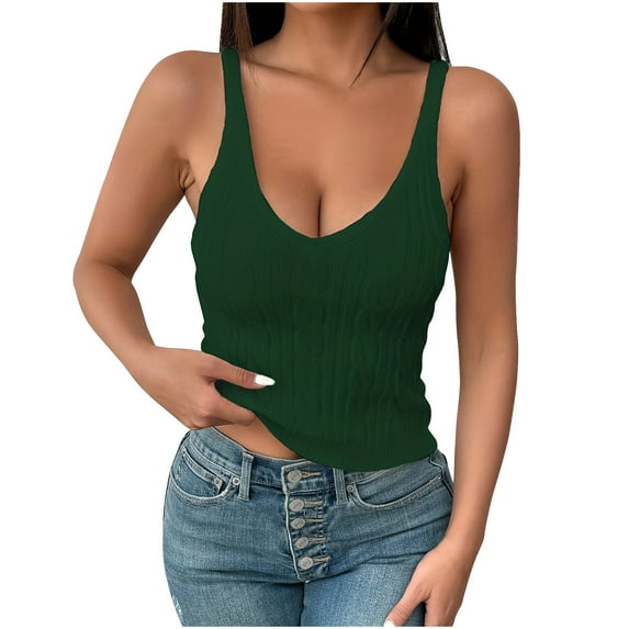 JSheng Women's New Tank Top Fashion Solid Color V-neck Sleeveless Bottom Soft Stretch Casual Tank Top Green M
