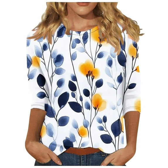 JSheng Women's Casual 3/4 Sleeve Tops Fashion Printed Crew Neck Cropped Sleeve Loose Pullover Bloues Plus Size on Sale