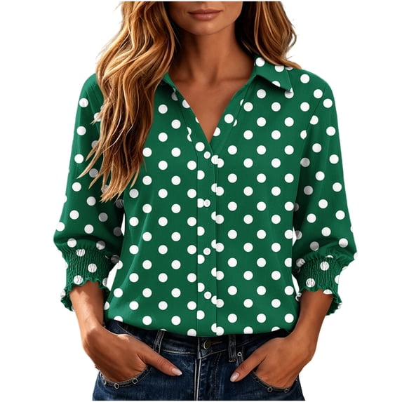 JSheng Women's Polka Dot Button Down Shirt Lapel Collar 3/4 Sleeve Ruffle Cuff Casual Top 01-Army Green L