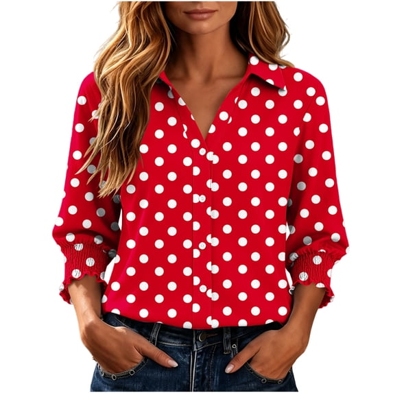 JSheng Women's Polka Dot Button Down Shirt Lapel Collar 3/4 Sleeve Ruffle Cuff Casual Top 01-Red M